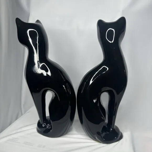 VTG Artmark Fine Ceramic Midnight Shadows Pair of Black Cats Green Eyes 12.5 in - Picture 6 of 12